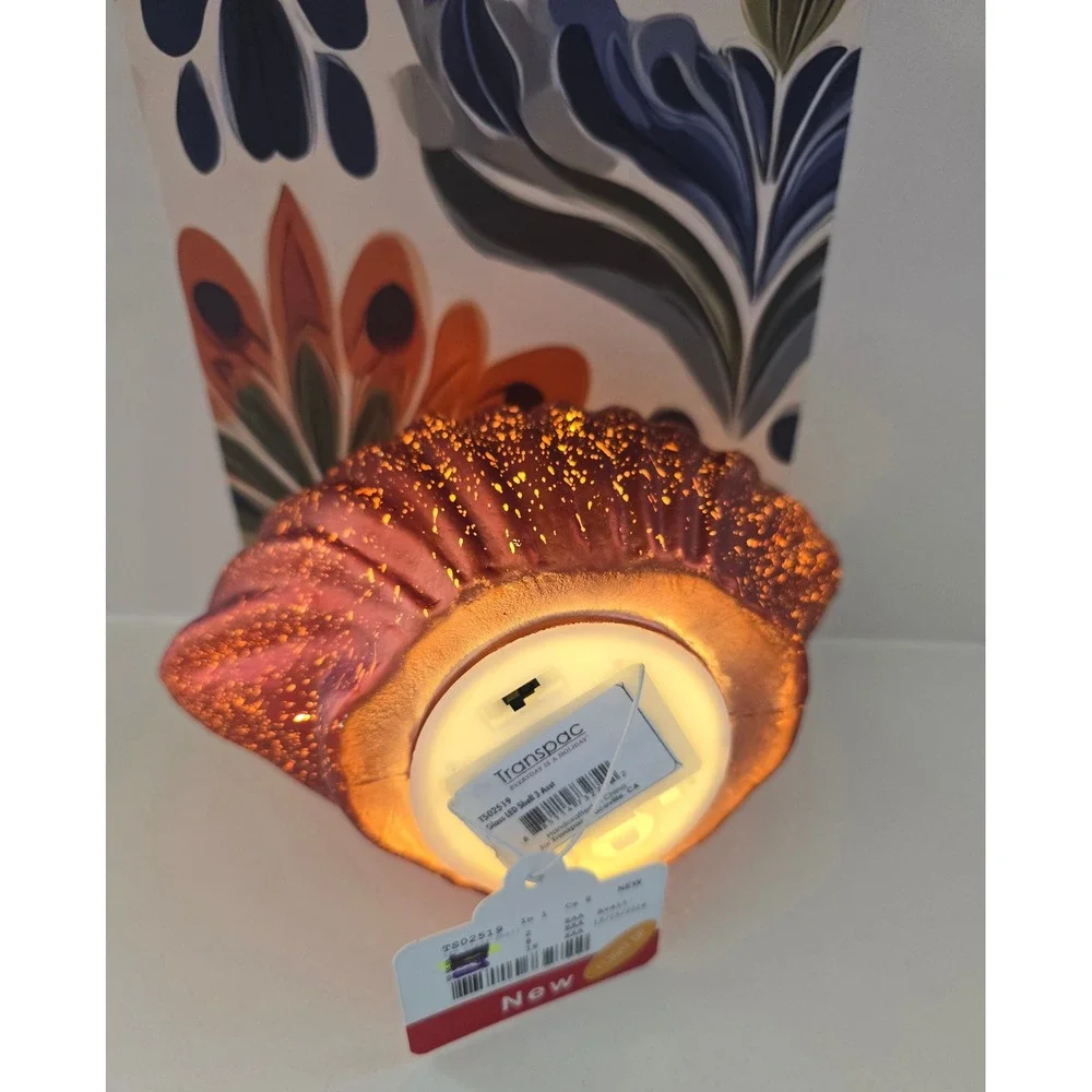 Transpac Red/Orange Mercury Glass Style LED Seashell Light Up Coastal Decor NEW